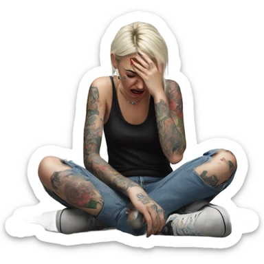 Hyper Realistic Beautiful tattooed woman crying sadly on the floor  sticker