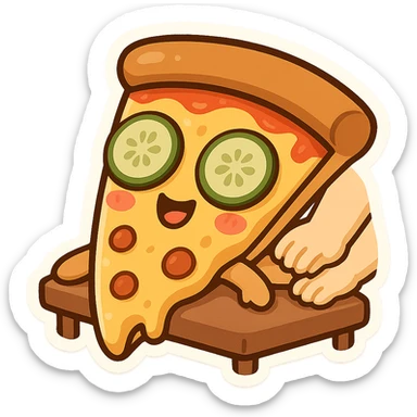 happy pizza slice with cucumber slices on its eyes, enjoying a spa massage, cute and lighthearted sticker