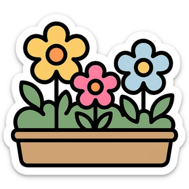flower bed stylized with cartoonish flowers and soft pastel colors, color outline icon style sticker