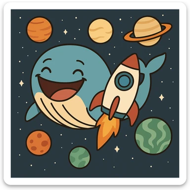 Add a cartoon rocket ship next to the smiling whale in space, keeping the cartoon style and planets. sticker