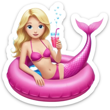  woman with blonde hair and blue eyes sitting in a pink pool tube in a blue pool sipping a drink wearing a pink bikini top and a pink mermaid tail  sticker