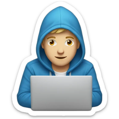 White Young man with a blue hood behind his laptop opened sticker