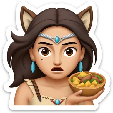 Cinematic Funny Pocahontas Portrait Emoji, Looking bewildered as Meeko steals her food, one brow raised in playful frustration, a warrior princess caught in a hilariously relatable moment, wild yet endearing! sticker