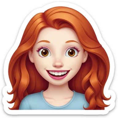 Young girl with pale skin, longer face, full pink lips smiling with big teeth, very long ginger red hair, big brown eyes, bigger nose, big mouth sticker