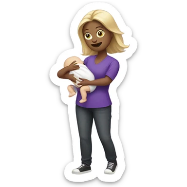 White Women in purple shirt rocking baby, but money instead of baby sticker