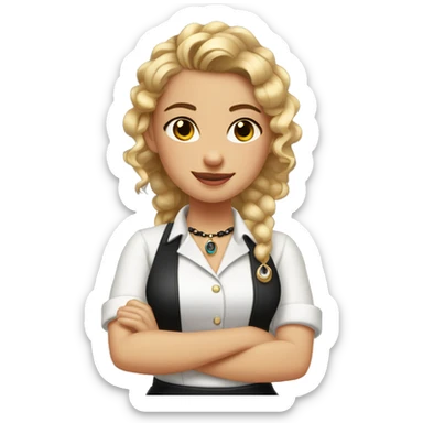 Waitress with white shirt and black apron, curly dirty-blonde hair in a pony tail, hazel eyes, LOTS of bohemian jewelry and bracelets  sticker