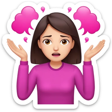 Social media manager. She has dark brown hair, brown eyes,stressed expression, exhaling deeply, hands slightly raised showing frustration. Use vibrant colors with a focus on pink and fuchsia tone sticker