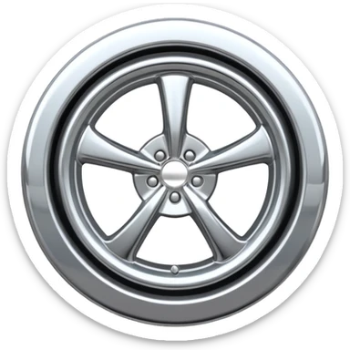 A chrome car wheel emoji, polished silver metal rim, smooth circular shape, minimal futuristic design, soft reflections, iOS emoji style, centered on white background, ultra clean look sticker