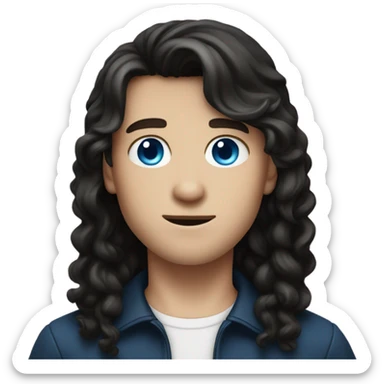 white boy with dark brown mullet and blue eyes wearing black sticker