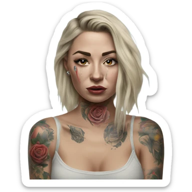 Hyper Realistic Beautiful tattooed woman crying looking at a photo  sticker