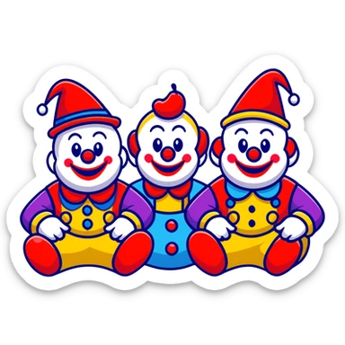 two clowns playing musical chairs, whimsical cartoonish style sticker