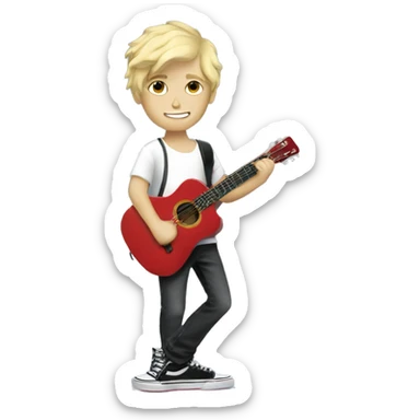 blonde boy with guitar indoors in Vans sticker