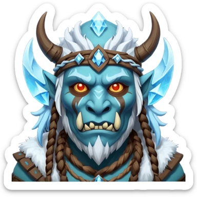 Fantasy Christmas orc shaman icon, ice spirit magic theme, glowing runes, winter tribal mask elements, mystical cold atmosphere, emoji sized portrait, male/female variant sticker