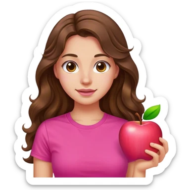 A young woman with long, wavy brown hair. She is wearing a vibrant pink T-shirt.  apple emoji style sticker
