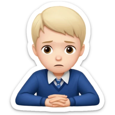 an anxious boyin school uniform sitting in front of a table sticker