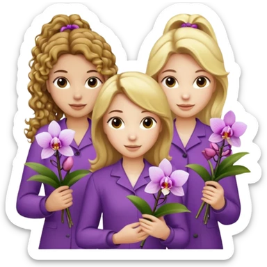 3 female musketeers, one with brown curly hair, one with straight blond hair, one with blond hair in pony tail, all holding orchids sticker