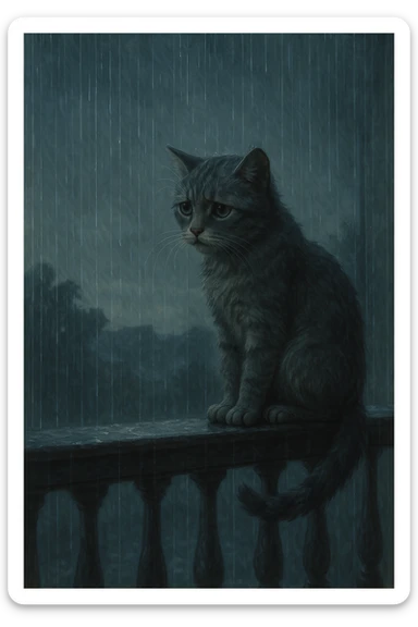 A melancholy cat sitting on a balcony railing, rain pouring down, the cat gazing out longingly. sticker