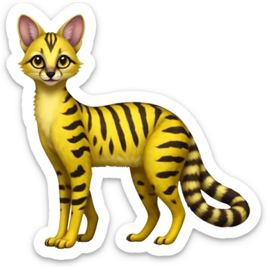 Lanky slender beautiful elegant hype-realistic, black-maned, vibrant yellow Genet-Serval-Civet-fusion-hybrid-furry-fursona, full body sticker