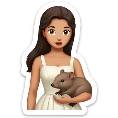 Beautiful woman in 1950’s woman fashion look, white dress, long dark brown hair, wombat sticker