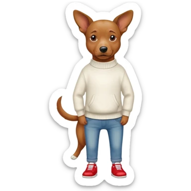 a brown dog standing up with hands in jean pockets wearing a white hoodless sweater and red shoes. sticker