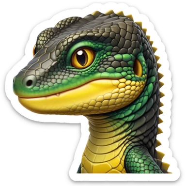 cinematic-realistic-cute-monitor-lizard-portrait-emoji,-head-tilted-playfully-and-inquisitively,-featuring-a-compact,-agile-body-with-finely-detailed,-glossy-scales-in-earthy-black and yellow-hues-and-a-distinct,-alert-face-with-bright,-curious-eyes, black , yellow spotted and green band  scales and a slender neck sticker