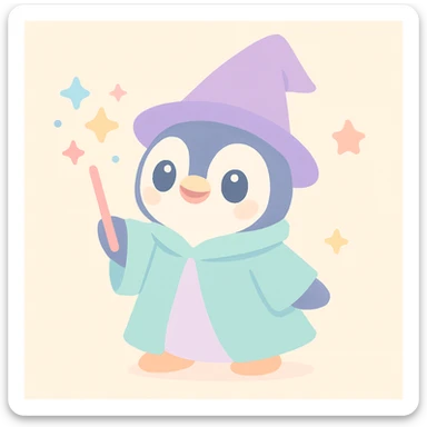 penguin wizard casting a spell with sparkles, wearing a whimsical robe, cute style sticker