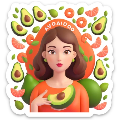 stylized confused woman with a question mark above her head, surrounded by floating icons of good fats: avocado, olive oil, nuts, salmon, modern style, vibrant colors, sharp details sticker