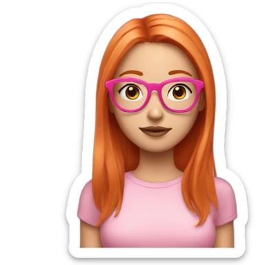 Ginger girl with makeup and pink glasses, shoulder length straight hair, middle part, wearing pink sticker