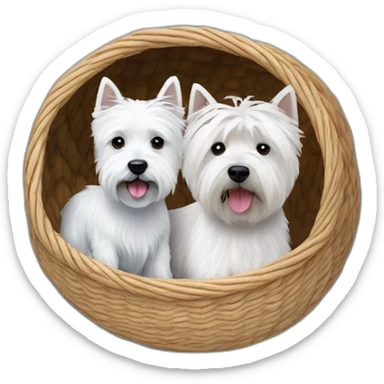West Highland white terrier and cute blue dog in way too small dog basket sticker