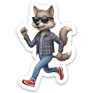 friendly anthropomorphised wolf in jeans and plaid shirt, wearing dark sunglasses, jogging upright in standard pose sticker
