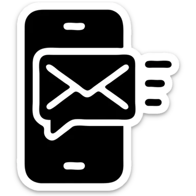 Minimalist icon of a phone with a notification or SMS. The phone body and envelope are solid black fill, but with more empty spaces left unfilled for readability, so it's clear that it's an SMS or notification on the phone. Transparent background. sticker