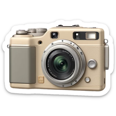 Olympus Superzoom 70G camera, grayish-beige color, accurate representation with correct proportions and silhouette, compact rectangular body with rounded edges, small viewfinder, built-in flash unit on top, lens with zoom functionality, exactly matching the real Olympus Superzoom 70G design sticker