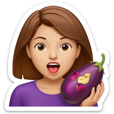 Brown hair light skin woman mouth open about to eat an eggplant sticker