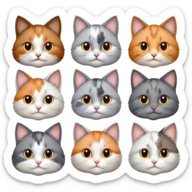 6 realistic looking cats with different natural coloured coats, assorted grey and white, greys, calico, brown and white colours etc
 sticker