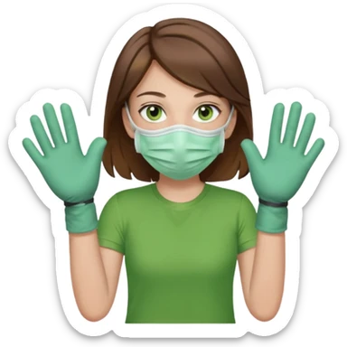 Humano de pelo marrón y ojos verdes, con un cubre boca, que tiene una camisa verde por encima de una remera blanca, y tiene un guante sin dedos en una sola de las manos sticker