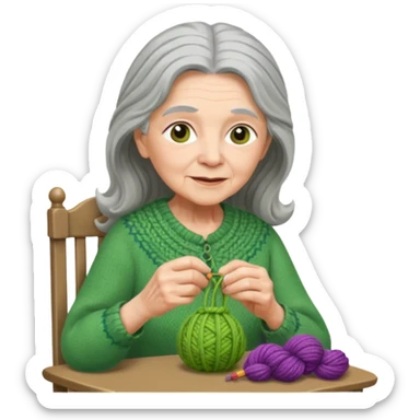 elderly women  working knitting in long hair green dress sticker
