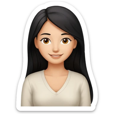 medium tan woman with long black hair past middle of back, round brwn eyes, white v neck blouse smiling. sticker