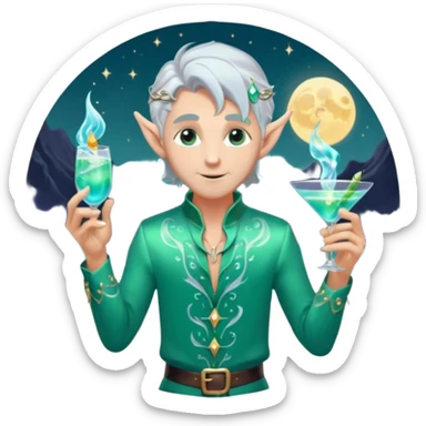 elf male bartender, flowing silver hair, pointy ears, unbuttoned iridescent silk shirt, summoning swirling glowing cocktail (teal and silver) in crystal flute with finger, moonlit beach backdrop, centered emoji, ethereal summer night, sticker style sticker
