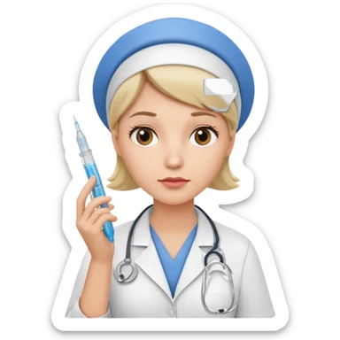 healthcare professional nurse holding a syringe in hand, doubtful expression, hand on chin, as if thinking sticker
