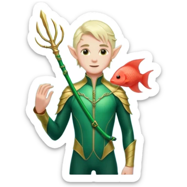male elf in iridescent wetsuit, coral staff Gills on neck legolas sticker