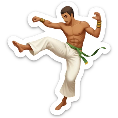 A Brazilian man as a capoeira fighter in mid-air performing a spinning kick, with Brazilian features, tan skin tone, wearing traditional white capoeira pants and a cord, vibrant and flowing pose, surrounded by motion swirls sticker