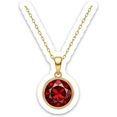 polished round red garnet pendant suspended from a delicate gold chain, glowing with warmth and power sticker