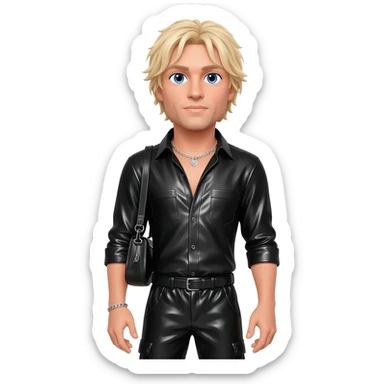 Nicky Byrne from Westlife with blue eyes, blonde hair, black metallic shirt, black metallic baggy pants, silver necklace sticker