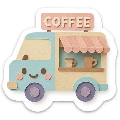 adorable mobile coffee truck, full body, pastel colors, kawaii face sticker