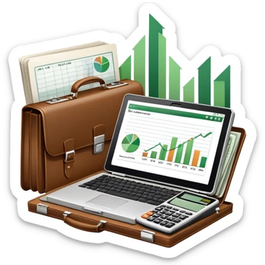 Icon for Business Reading: an open book with a graph and financial charts, a briefcase, a calculator, and a laptop nearby. The icon should represent the world of business, finance, and professional growth. Transparent background. sticker