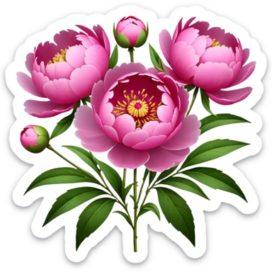 bouquet pink Peony, luxuriant, stem, leaf, bud sticker
