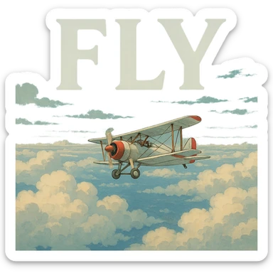 ghibli style airplane soaring above clouds with a sense of vastness, large FLY text in the sky sticker