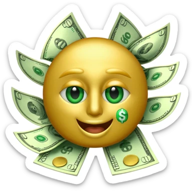 3D glossy money emoji, dollar-sign eyes, cash flying out of mouth, seamless loop, centered, transparent background sticker