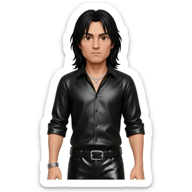 Joey Belladonna with brown eyes, long black hair, black metallic shirt, black metallic baggy pants, silver necklace sticker