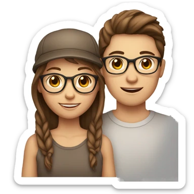 couple of teenagers, brothers with fair skin, brown hair, girl with glasses, and boy in a cap sticker